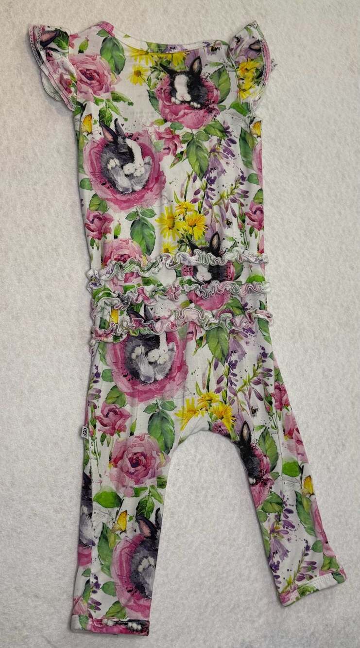 Little Bum Bums Floral Bunny Print Flutter Sleeve Ruffle Romper